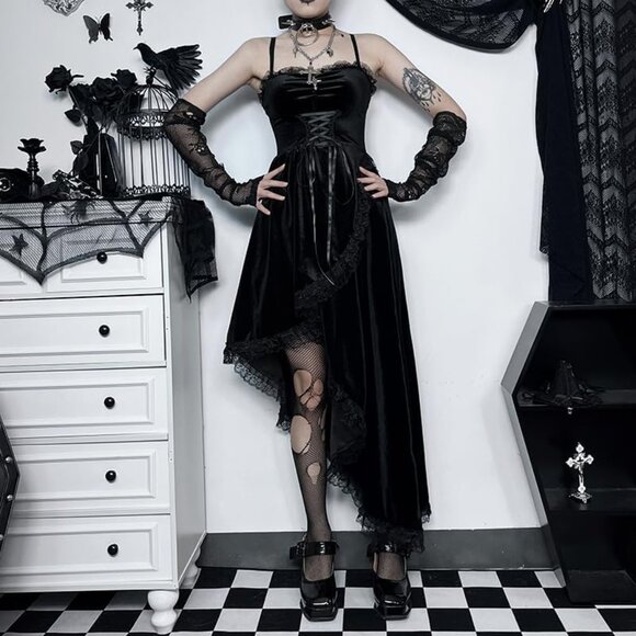 Women's Gothic Sexy Patchwork Velvet Slit Asymmetric Goth Dress - Picture 5 of 7